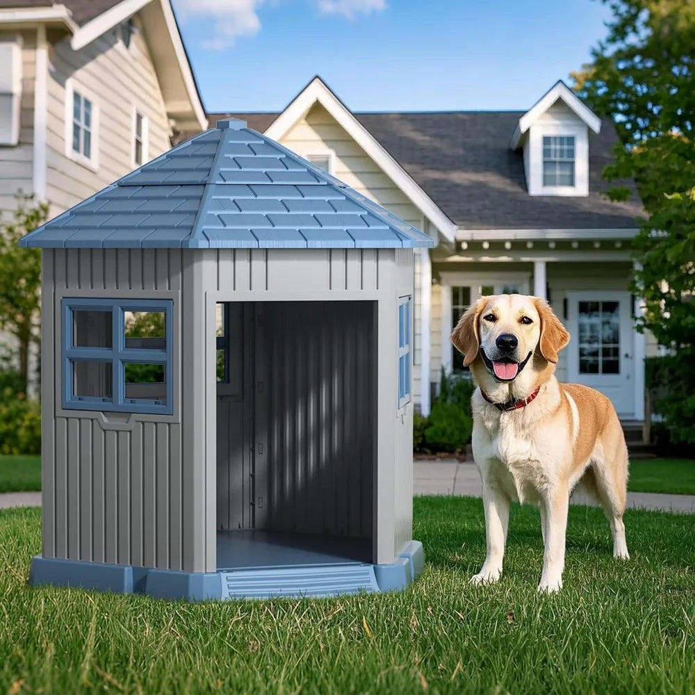 Dog House Indoor Outdoor Durable Large Dog Shelter with Outside Dog Kennel with Window and Elevated Floor for Small Medium Dogs