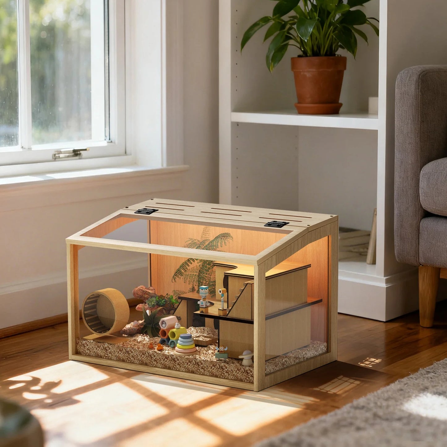 Hamster Cage Chew-Proof Wooden Habitat With Tempered Glass Panels