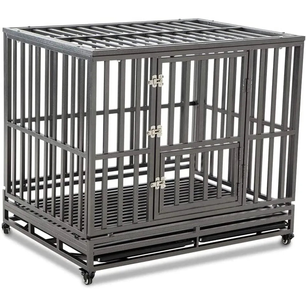 Heavy Duty Dog Cage Metal Kennel With Four Wheeled Mobility
