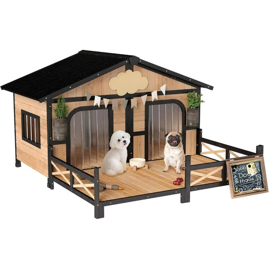 Dog House Wooden Outdoor Shelter With Elevated Floor And Porch