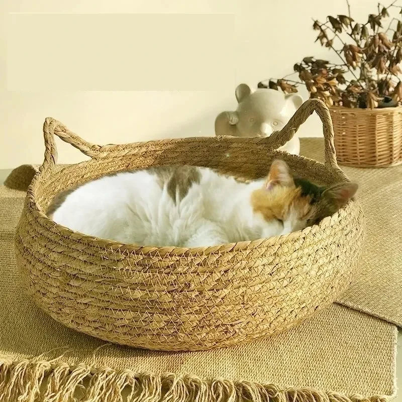 LEWENCN Cat Nest Handwoven Cotton Four Seasons Warm Pad Washable