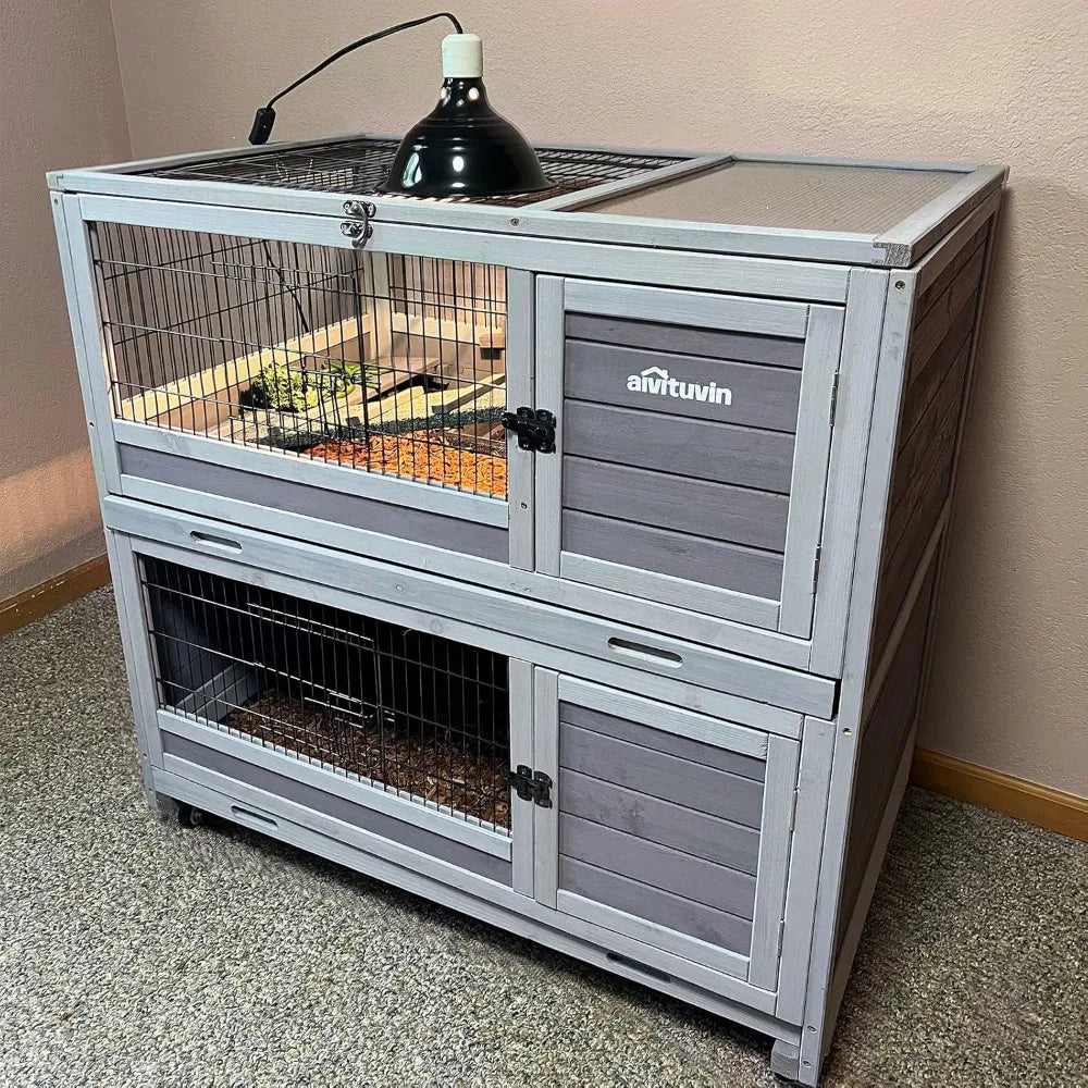 Rabbit Hutch With Pull-Out Tray And Wire-Netting On Wheels