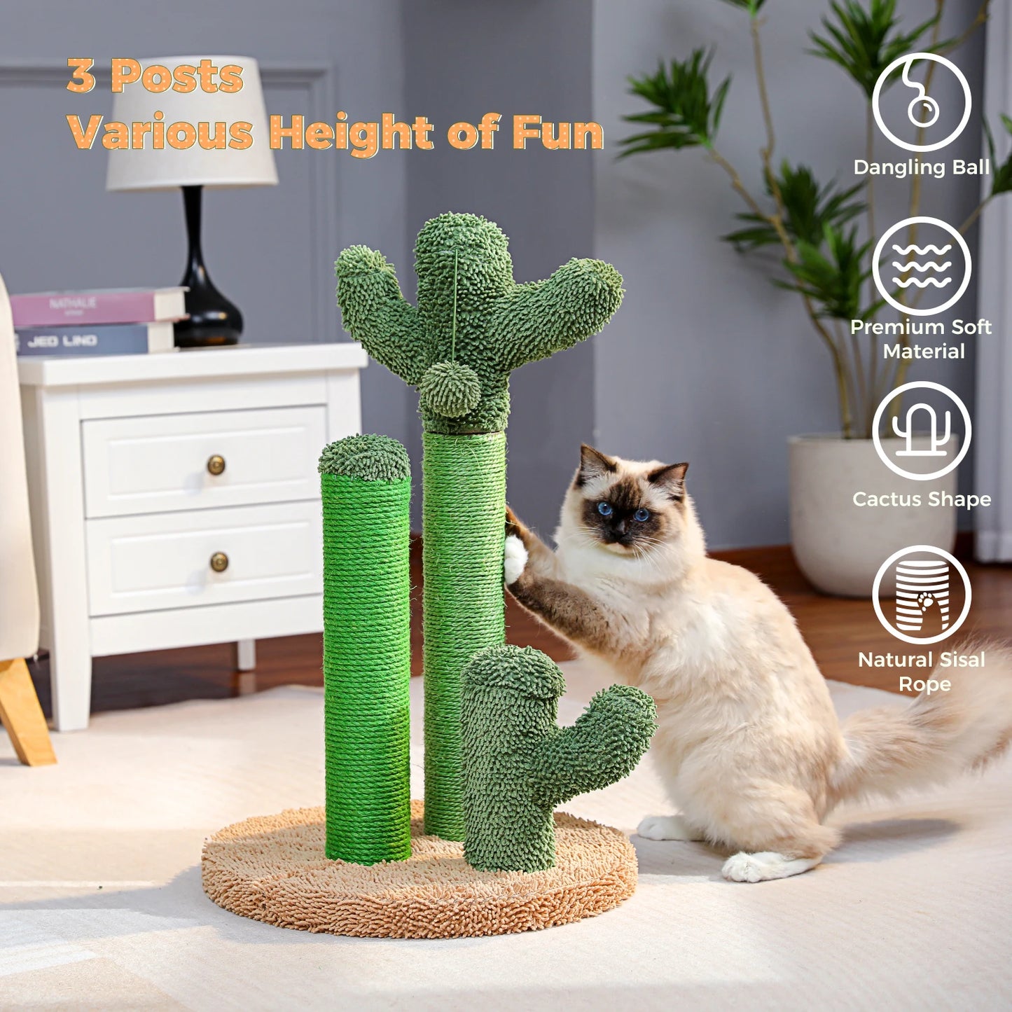 PAWZ Road Cactus Cat Scratcher 3-Pole with Interactive Dangling Ball