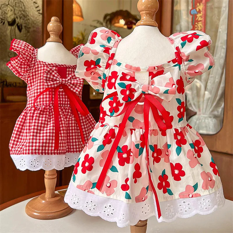 Pet Dress Floral Print Plaid Skirt All Seasons For Dogs