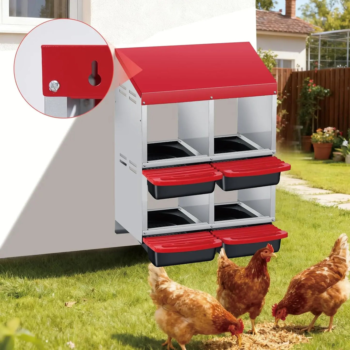 HiMISS Chicken Nesting Box 4 Compartment With Automatic Rollout Egg Collection
