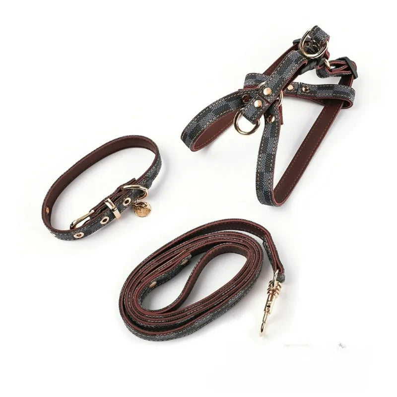 Dog Harness Set Lightweight Plaid Three Piece Leash Collar