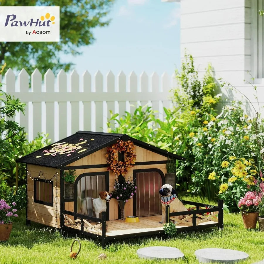 Dog House Wooden Outdoor Shelter With Elevated Floor And Porch