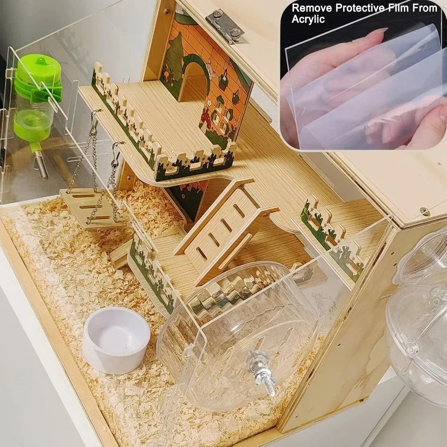 NONECN Hamster Cage Wooden Three Layer Pastoral Style