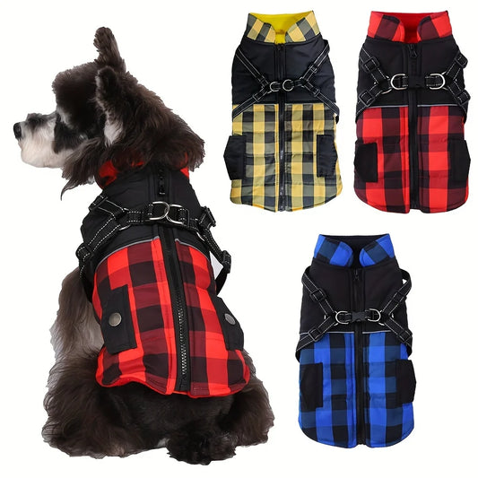 Dog Jacket Plaid Windproof Padded Harness Winter Coat