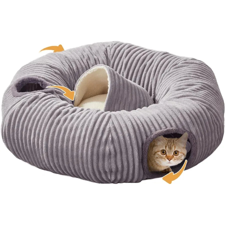 Cat Tunnel Bed With Washable Donut Cushion For Indoor Pets