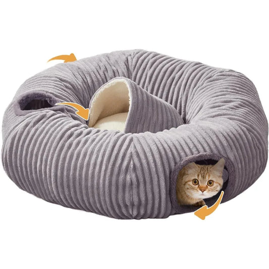 Cat Tunnel Bed With Washable Donut Cushion For Indoor Pets