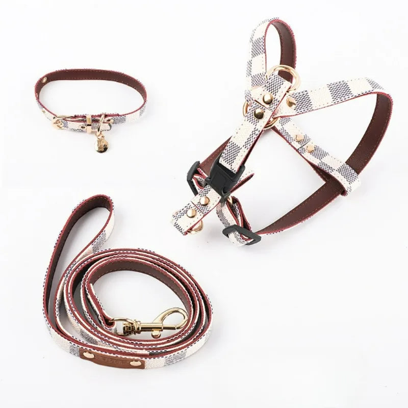 Dog Harness Set Lightweight Plaid Three Piece Leash Collar