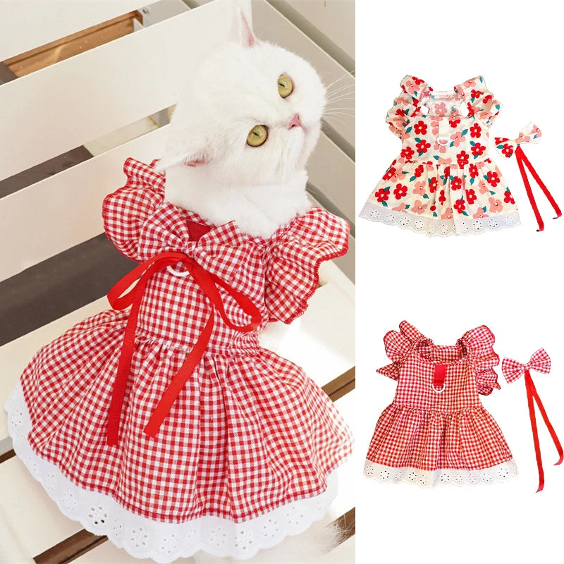 Pet Dress Floral Print Plaid Skirt All Seasons For Dogs