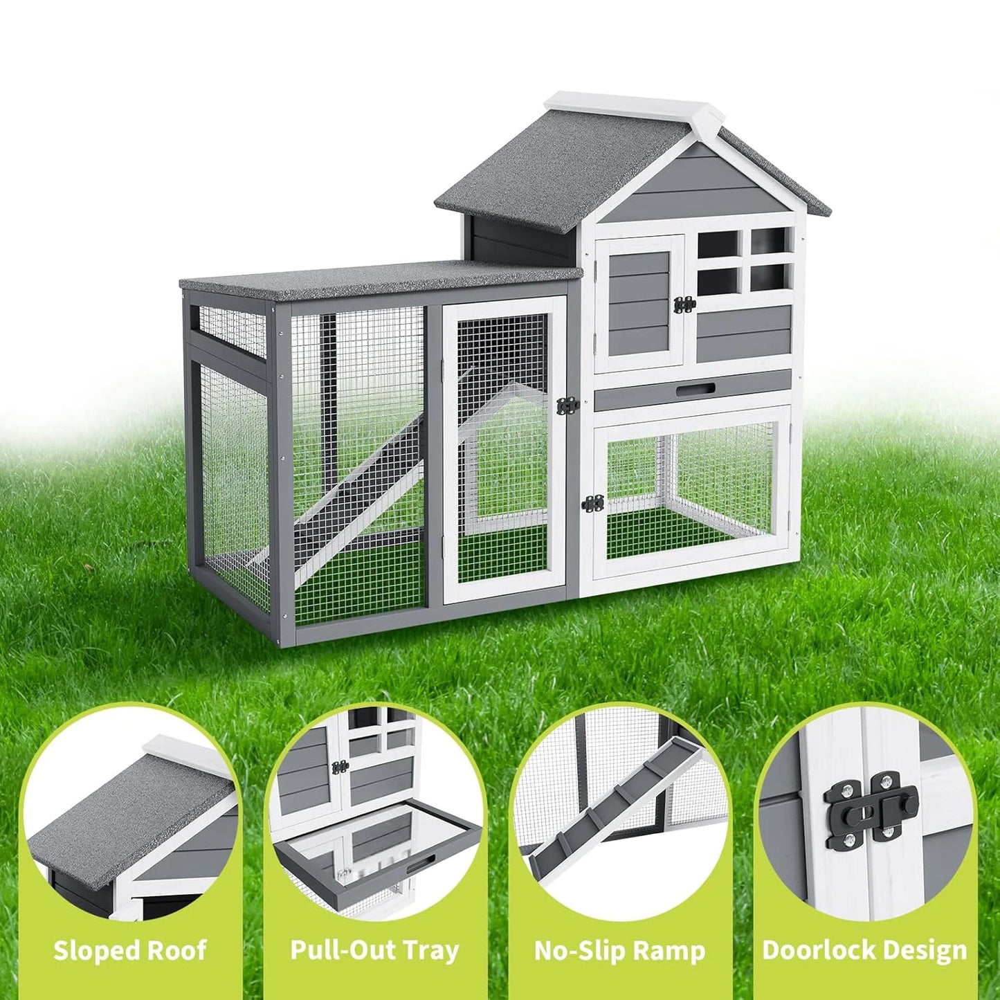 HiMISSCN Rabbit Hutch Indoor Outdoor 2Story Wood Pet House Ramp