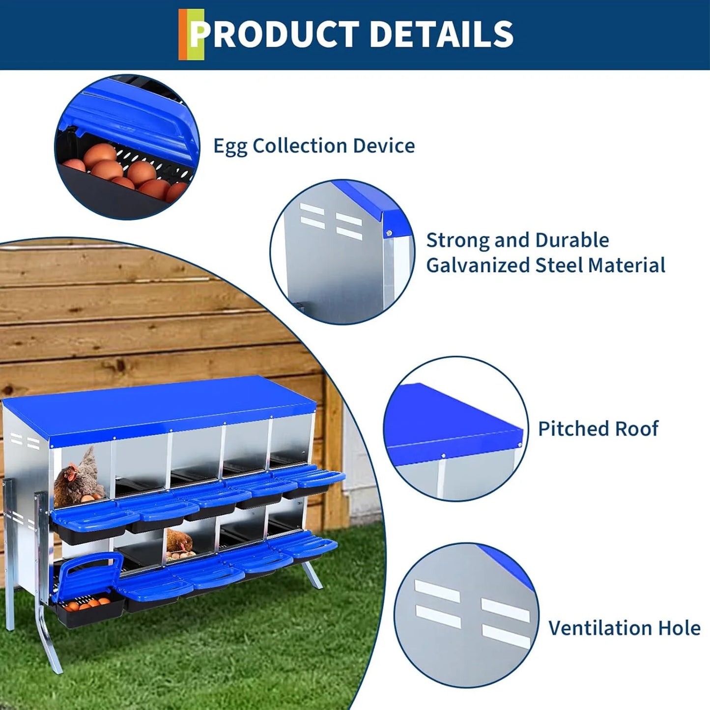 HiMISS Two-Tier Metal Chicken Nesting Box Rollaway 6/8/10 Compartments