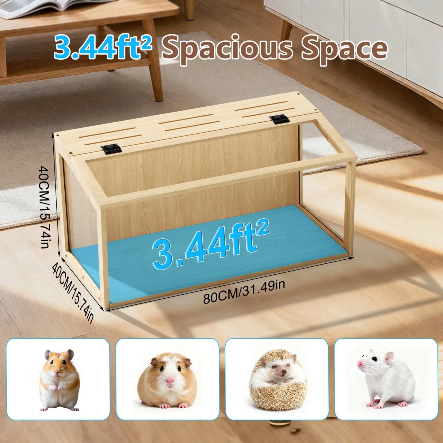 Hamster Cage Chew-Proof Wooden Habitat With Tempered Glass Panels