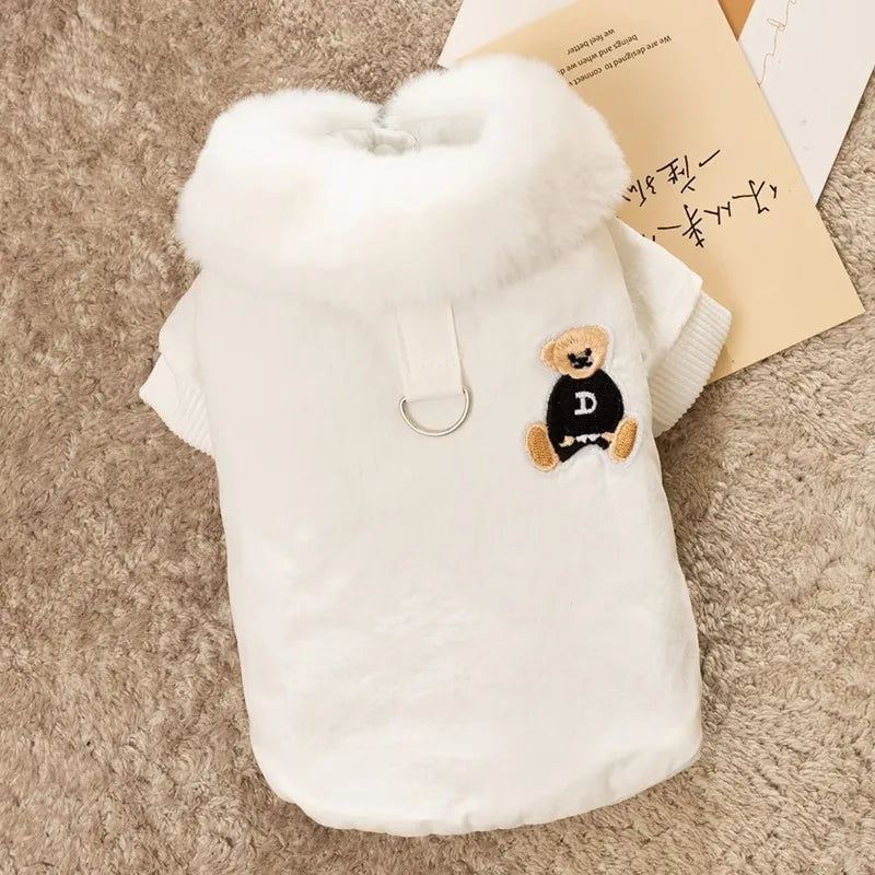 Dog Coat Bear Print Fur Collar Windproof Warm Winter Jacket