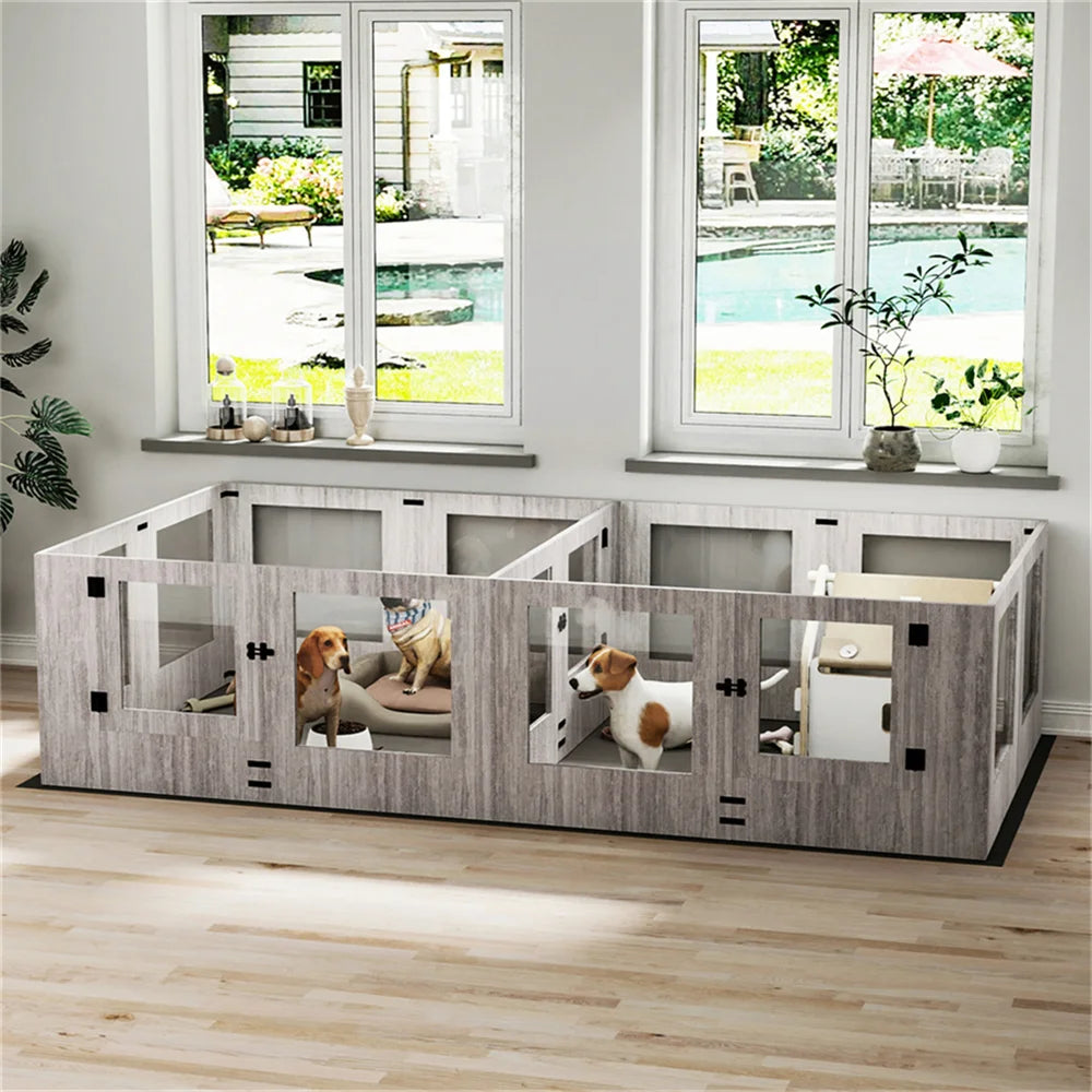 BORWARTH Dog Whelping Box Playpen With Two Rooms Tempered Glass