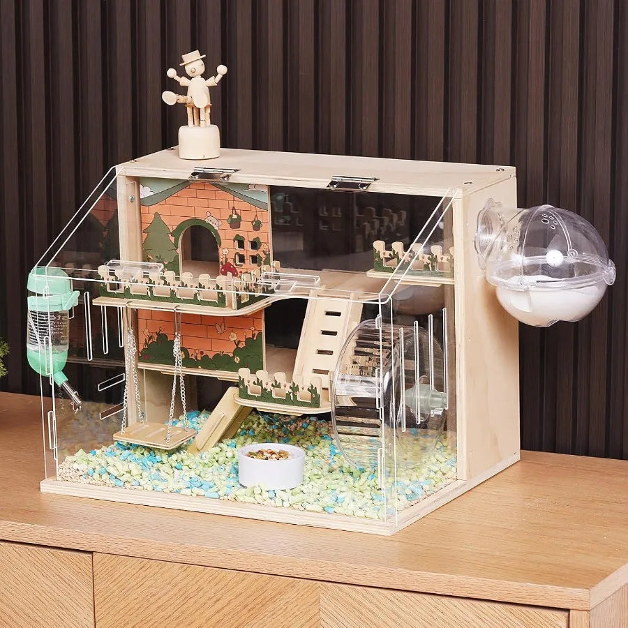 NONECN Hamster Cage Wooden Three Layer Pastoral Style