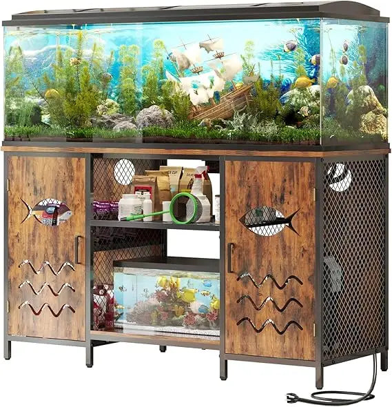 Fish Tank Stand Rustic Iron Wood With Power Outlet