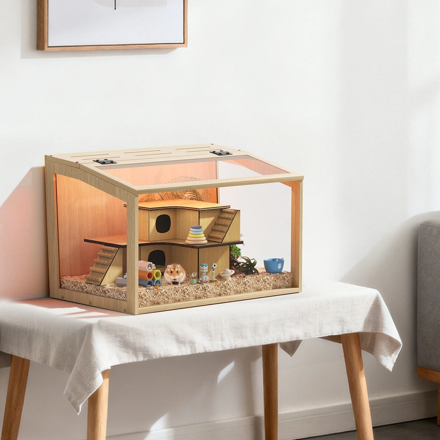 NONECN Wooden Hamster Cage With Tempered Glass Panels