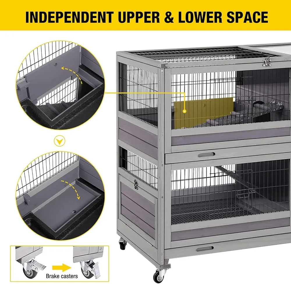 Rabbit Hutch With Pull-Out Tray And Wire-Netting On Wheels