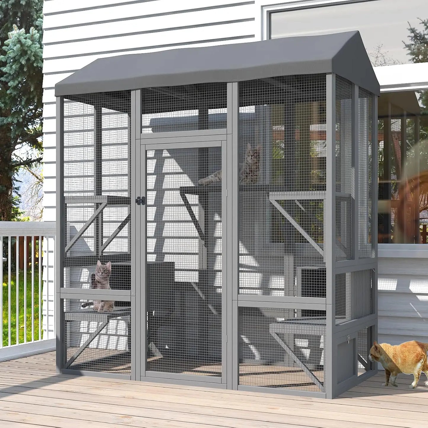 Cat Catio Wooden Enclosure With Sun Panel Roof And Platforms
