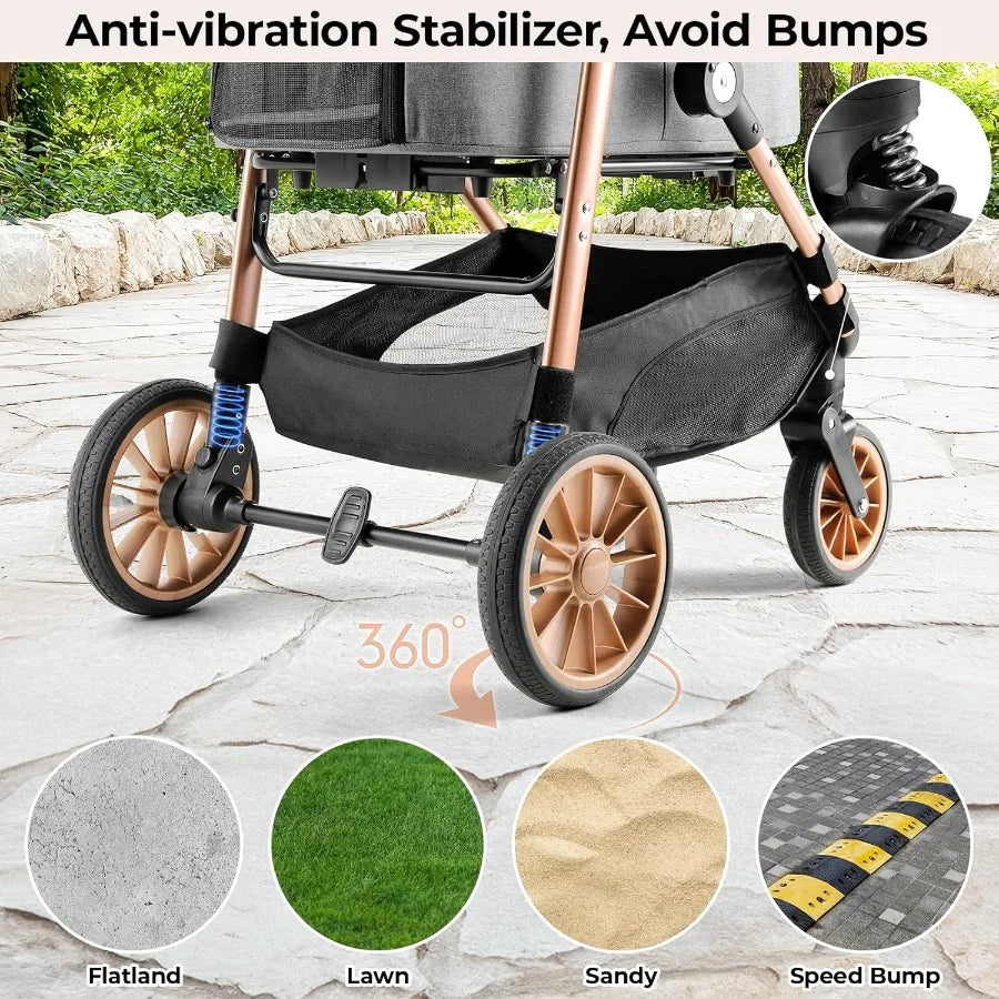 XMSJ Foldable Pet Stroller 4-Wheel, One-Click Folding, Detachable Carrier