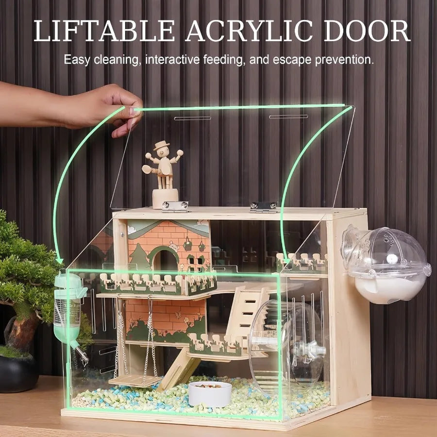 NONECN Hamster Cage Wooden Three Layer Pastoral Style