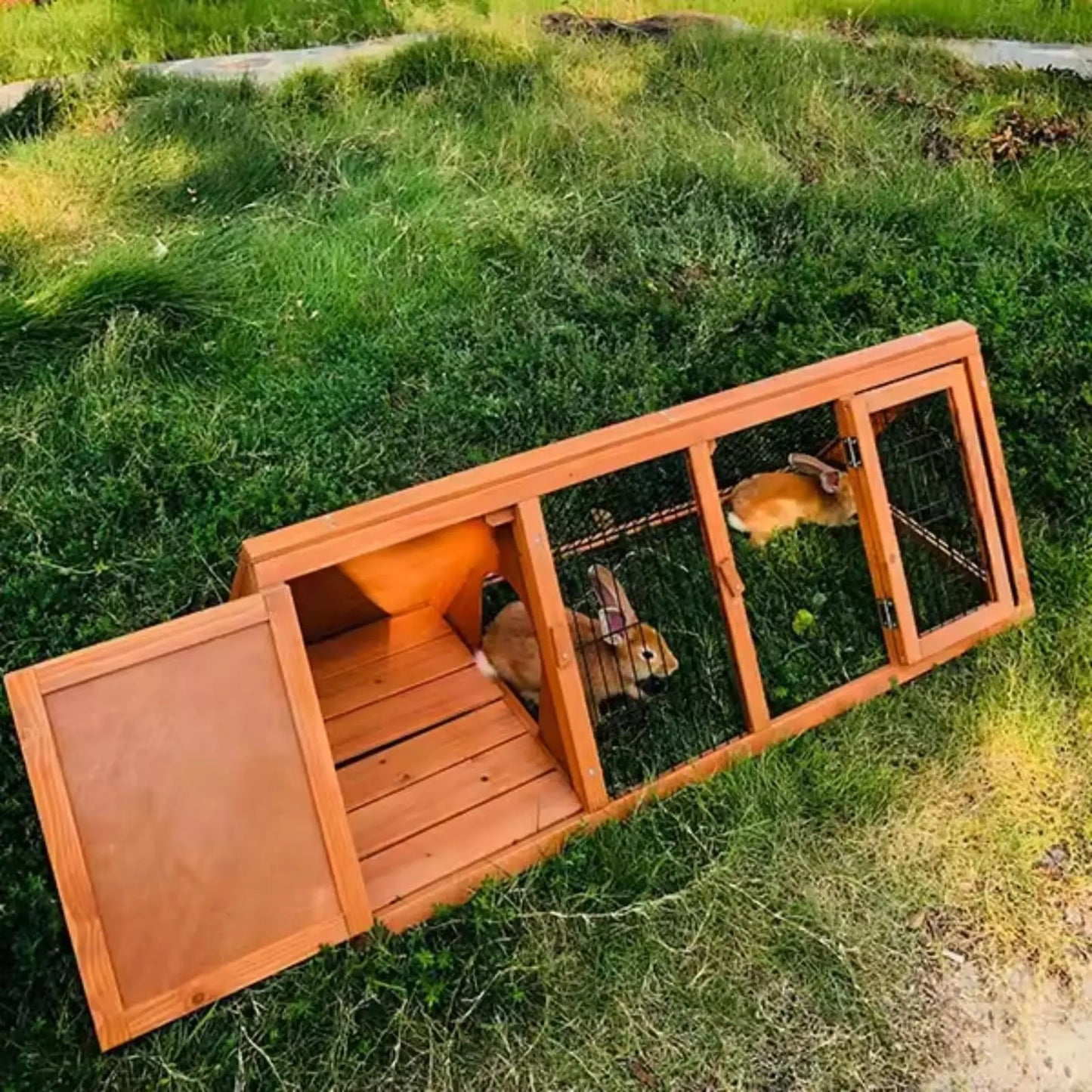 HiMISS Rabbit Cage With Run Two-Door Wooden Hutch Indoor Outdoor
