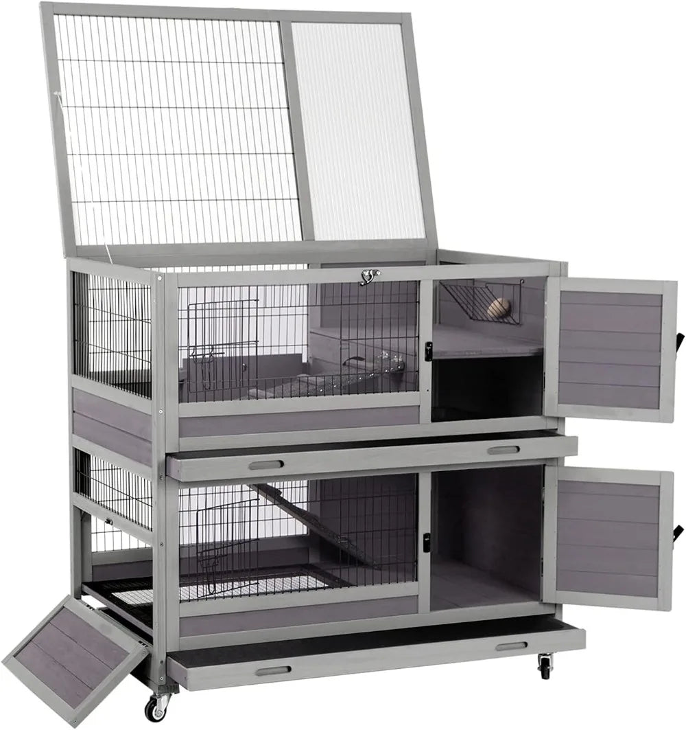 Rabbit Hutch With Pull-Out Tray And Wire-Netting On Wheels