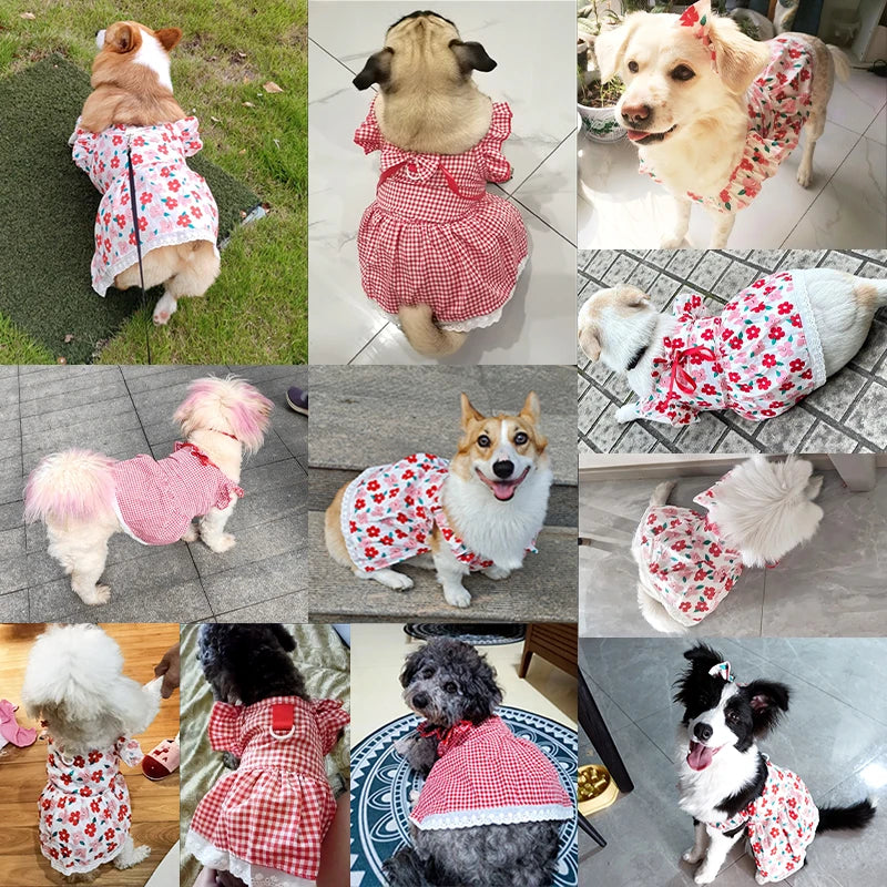 Pet Dress Floral Print Plaid Skirt All Seasons For Dogs