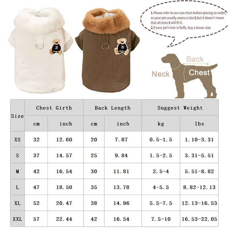 Dog Coat Bear Print Fur Collar Windproof Warm Winter Jacket