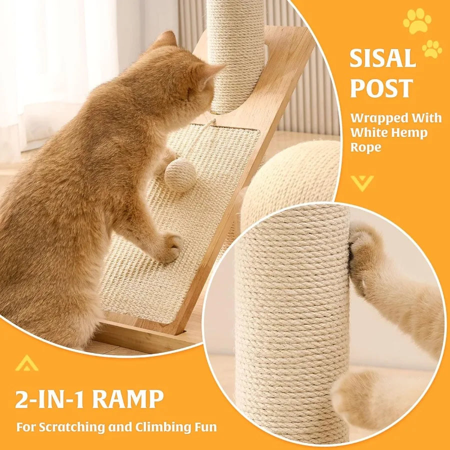36 Inches Tall Solid Wood Cat Tree Tower with Scratching Post Modern Indoor Cat Tower Featuring Scratching Board Scratcher Ball