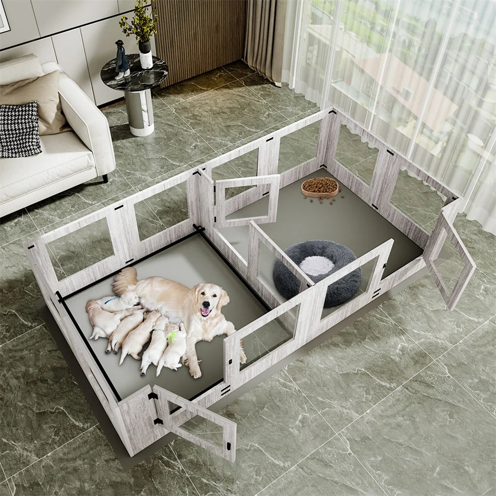 BORWARTH Dog Whelping Box Playpen With Two Rooms Tempered Glass