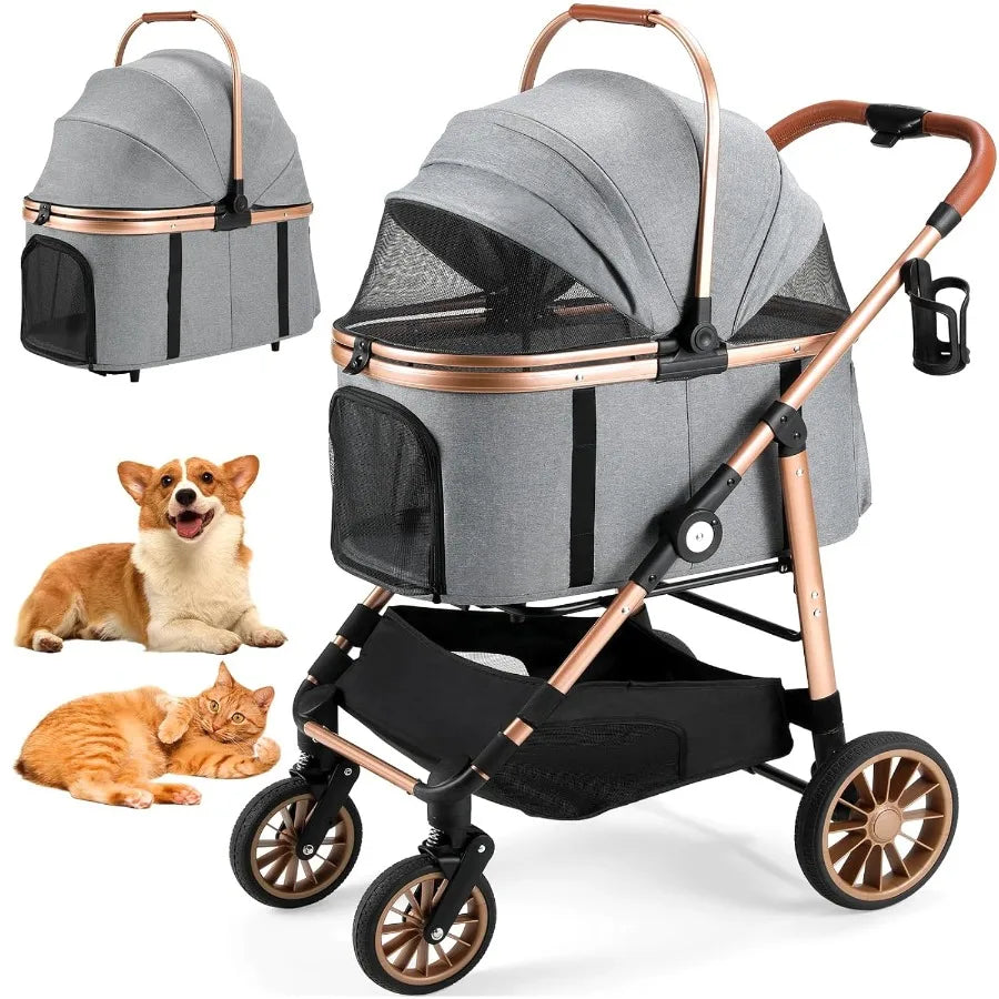 XMSJ Foldable Pet Stroller 4-Wheel, One-Click Folding, Detachable Carrier