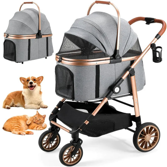 XMSJ Foldable Pet Stroller 4-Wheel, One-Click Folding, Detachable Carrier