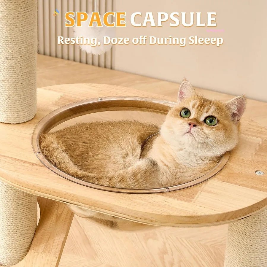 36 Inches Tall Solid Wood Cat Tree Tower with Scratching Post Modern Indoor Cat Tower Featuring Scratching Board Scratcher Ball