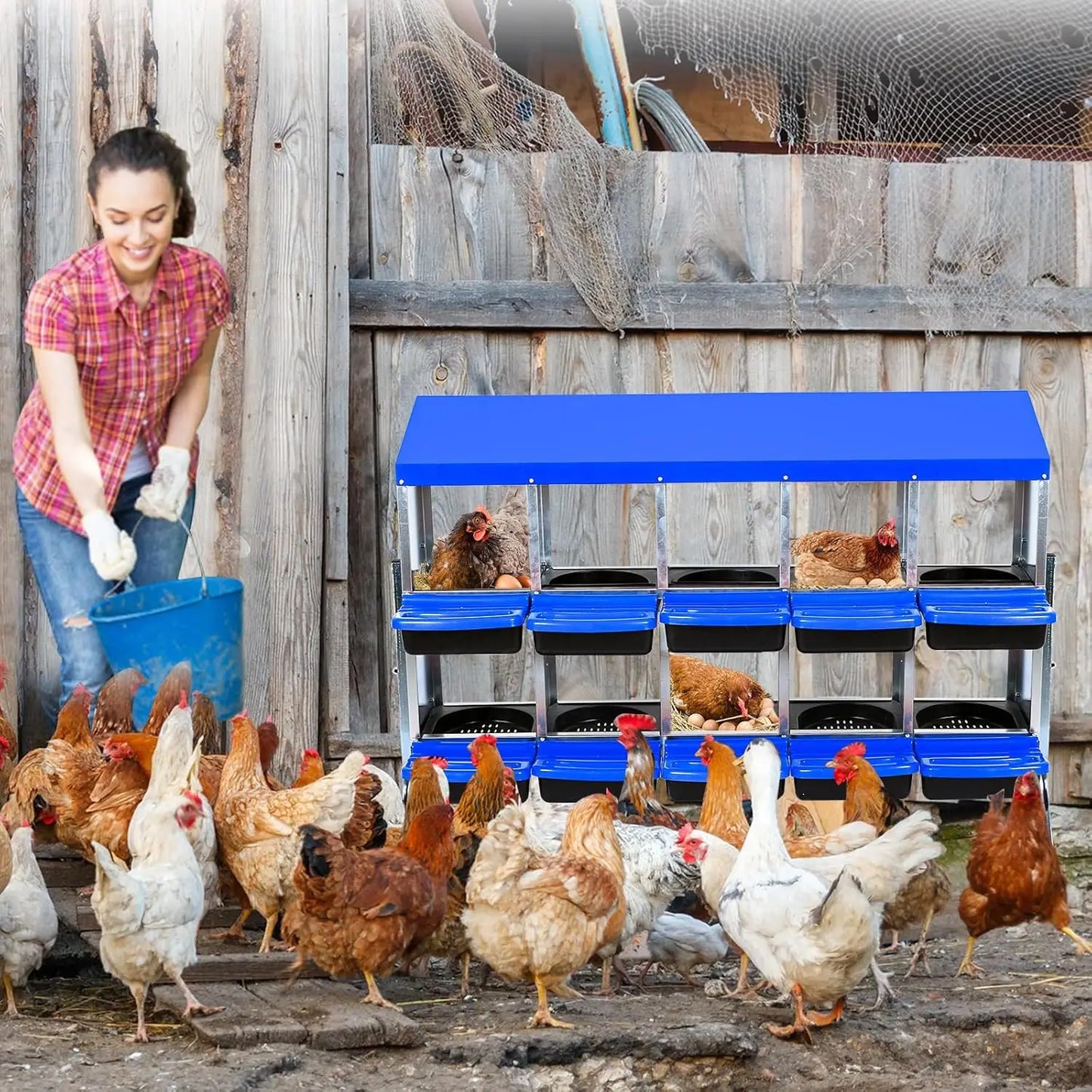 HiMISS 2-Tier Heavy-Duty Metal Chicken Nesting Box with 6-8-10 Compartments