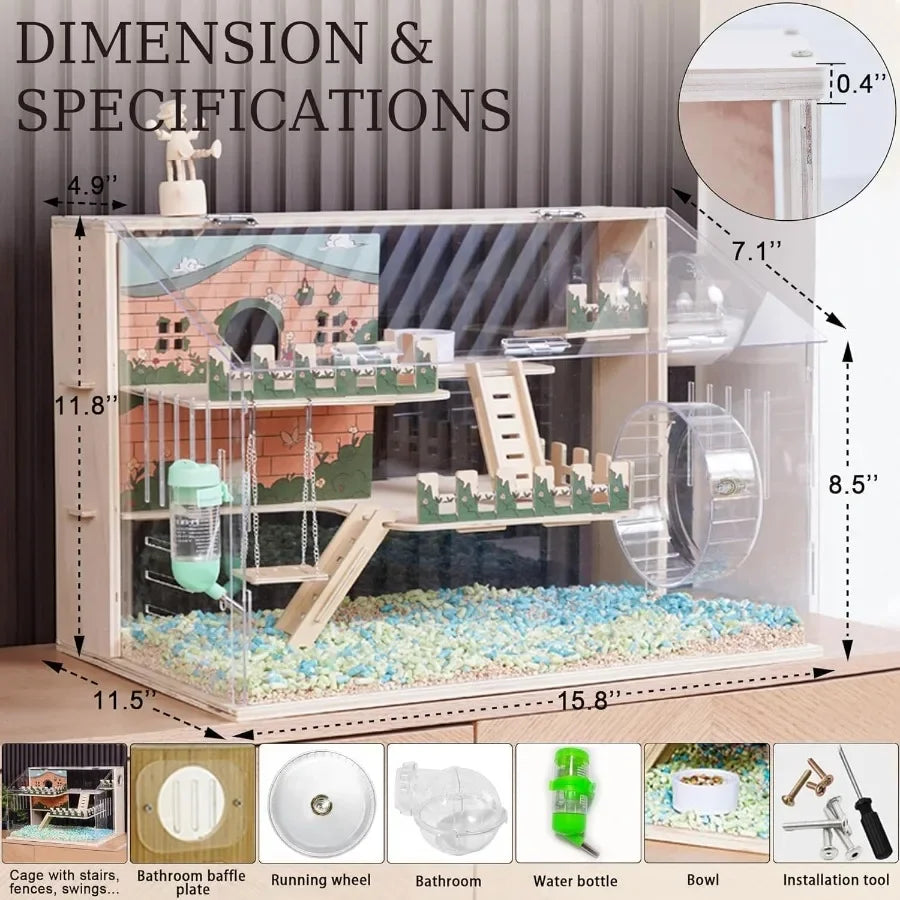NONECN Hamster Cage Wooden Three Layer Pastoral Style