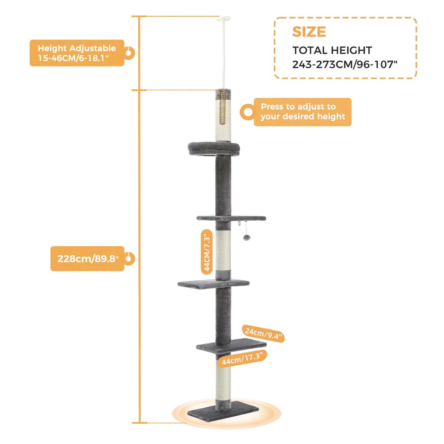 Adjustable Height Cat Tree for Indoor, Floor to Ceiling Cat Tower with Scratching Posts, Cat Scratcher Furniture, Kitten Toys