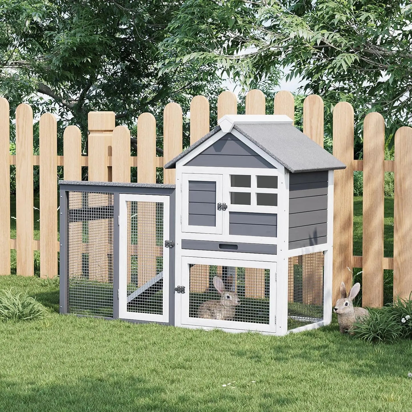 HiMISSCN Rabbit Hutch Indoor Outdoor 2Story Wood Pet House Ramp
