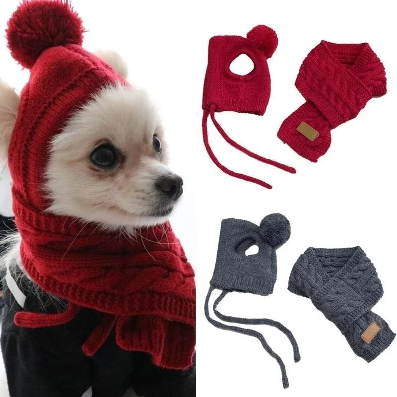 Dog Hat Winter Knit With Scarf Collar Costume For Pets