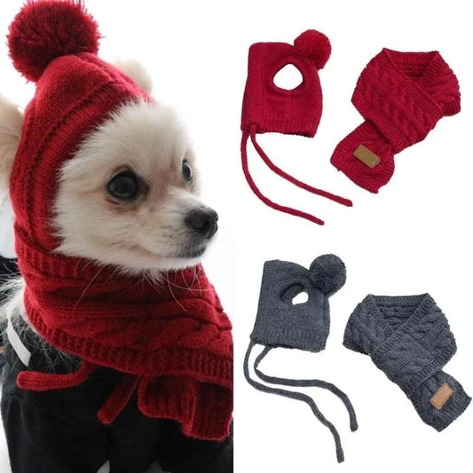 Dog Hat Winter Knit With Scarf Collar Costume For Pets