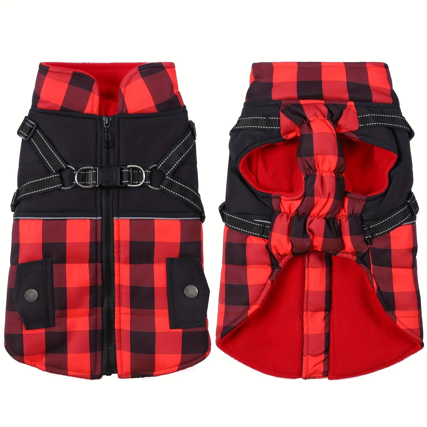 Dog Jacket Plaid Windproof Padded Harness Winter Coat