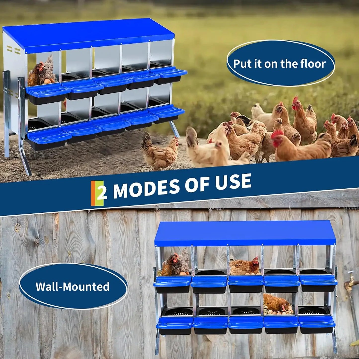 HiMISS Two-Tier Metal Chicken Nesting Box Rollaway 6/8/10 Compartments