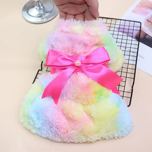 Pet Dog Coat Fluffy Bowknot Gradient Print Autumn Winter