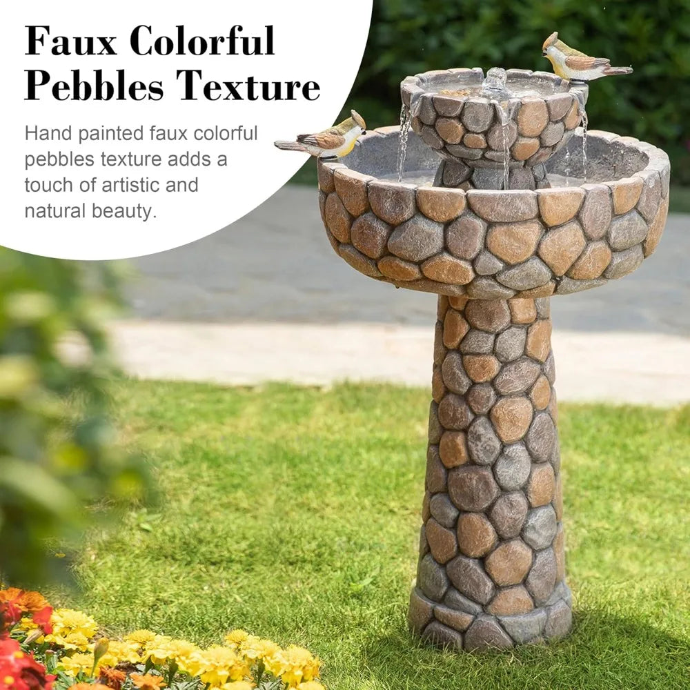 2-Tier Stone Like Outdoor Water Fountain with Birds, Bird Bath Outdoor Waterfall Fountain Decor, Freestanding Water
