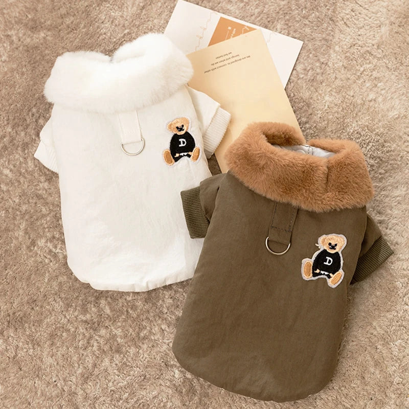 Dog Coat Bear Print Fur Collar Windproof Warm Winter Jacket