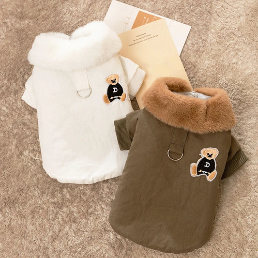 Dog Coat Bear Print Fur Collar Windproof Warm Winter Jacket